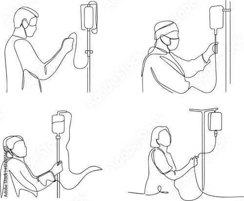 Set of Medical professional in mask adjusting iv drip bag on stand
