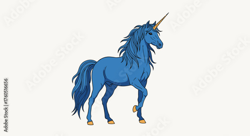A pixel art blue unicorn with a golden horn and a flowing mane and tail. 
