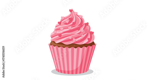 A delightful pink frosted cupcake in a striped wrapper.