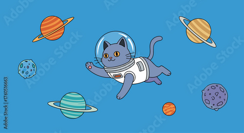 A cute gray cat floats in a deep blue space with planets.