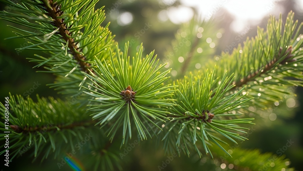 Fototapeta premium Close Up of Green Pine Tree Branches with Sunlight and Bokeh Effect