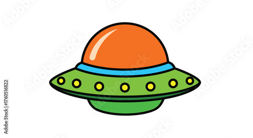 An animated cartoon of an orange and green flying saucer spacecraft.