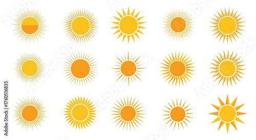 Collection of different sun illustrations with radiating light effects.