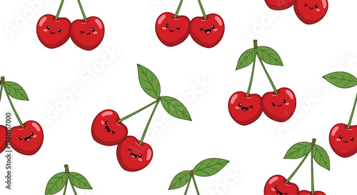 Cute cherry pattern with smiling faces and leaves.