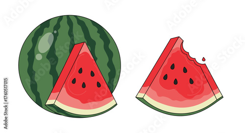 Fresh sliced watermelon with seeds and a bite taken out of it.