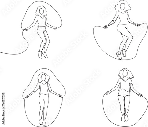 Set of Line art drawing of a woman jumping rope for exercise
