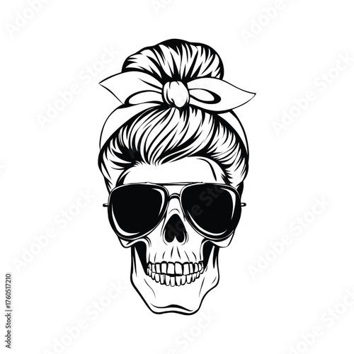 Stylish Skull with Sunglasses and Hair Bun Illustration