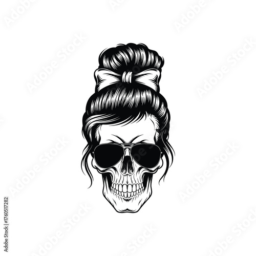 Stylish Skull with Sunglasses and Hair Bun Illustration