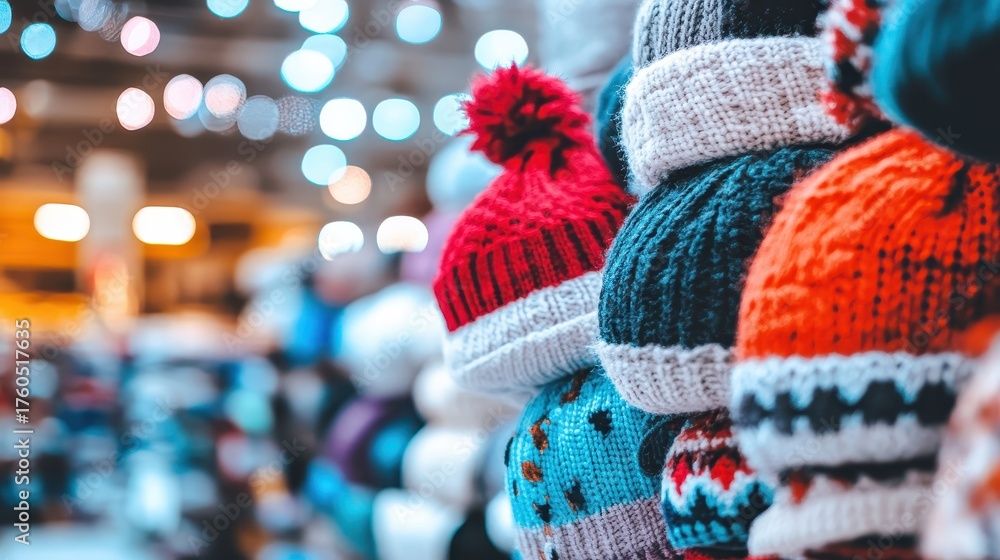 Obraz premium Stack of colorful knitted hats on display for sale