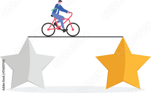 A businessman jumps from one star to another, illustration of efforts to achieve or attain better business ratings and quality
