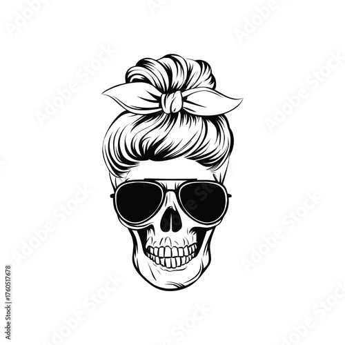 Stylish Skull with Sunglasses and Hair Bun Illustration