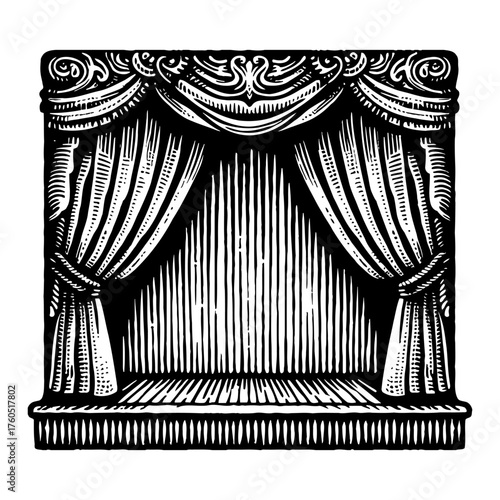 Vintage Ornate Theater Stage Curtains with Detailed Drapery Black and White Outline Line Art Drawing