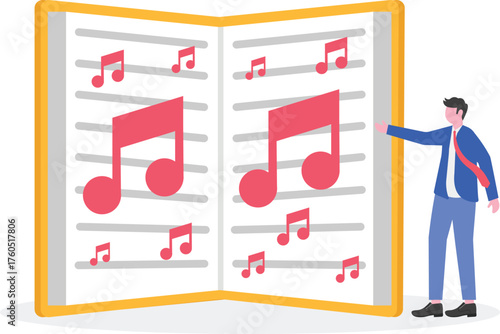 Young man as conductor or music composer with musical notes and sparkling icons illustration of appreciation for celebration of music day or music festival


