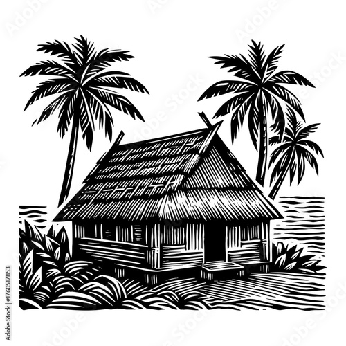 Tropical Beach Hut with Palm Trees Ocean View Lush Foliage Black and White Outline Line Art Drawing Vector Engraving