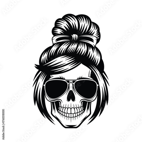 Stylish Skull with Sunglasses and Hair Bun Illustration