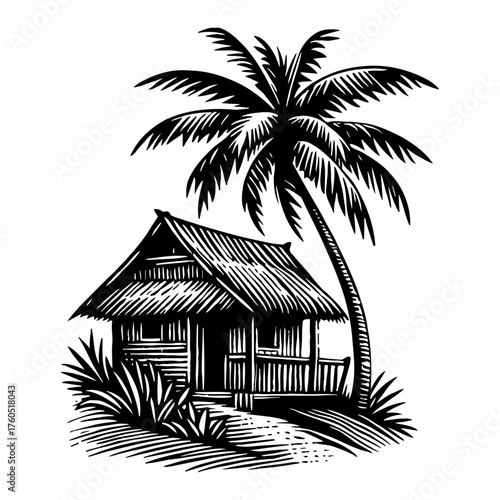 Tropical Hut and Palm Tree Scenery Black and White Outline Line Art Drawing Vector Illustration