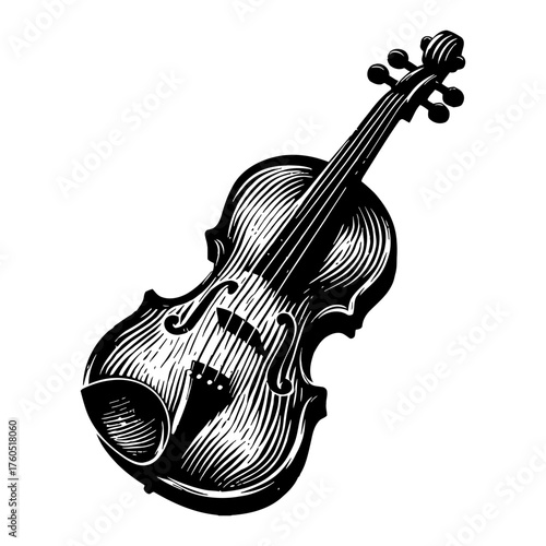 Classic Violin Musical Instrument in Detailed Black and White Outline Line Art Drawing Style