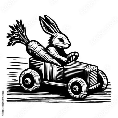 Cute Rabbit Driving Vintage Wooden Car with Giant Carrot Black and White Outline Line Art Drawing Illustration
