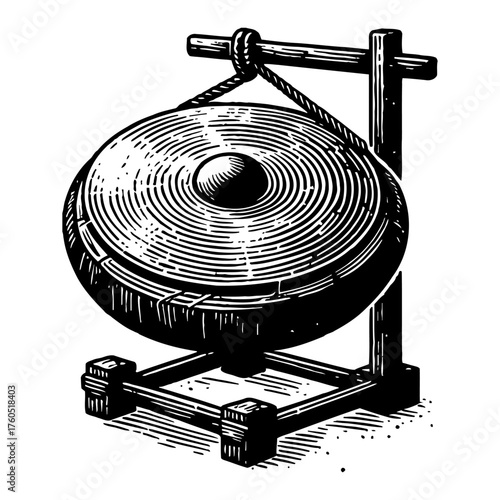 Traditional Gong Hanging on Wooden Stand Black and White Outline Line Art Drawing Vintage Style