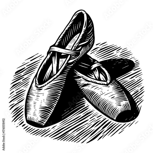 Classic Elegant Ballet Flat Shoes Vintage Style Black and White Outline Line Art Drawing Engraving