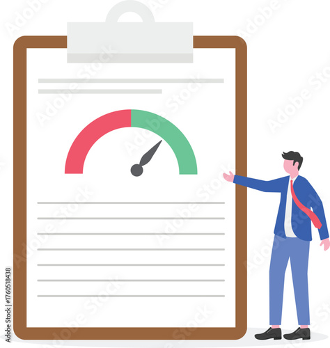 Businessman adjusting level indicator machine marked with happy emoticon illustration of market attention performance toward business product
