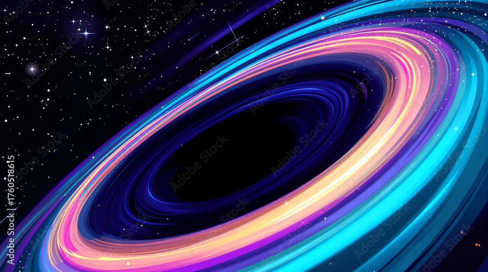 Obraz premium A vibrant, stylized black hole with a swirling accretion disk of neon colors set against a starry deep space background.