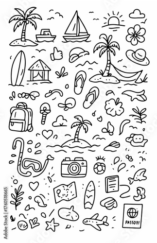 Hand-drawn Doodle Style Vector Set of Island Hopping and Tropical Tour Elements, Black Outline Sketch Illustrations, Ideal for Both Digital and Print Use
