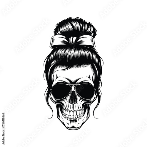 Stylish Skull with Sunglasses and Hair Bun Illustration