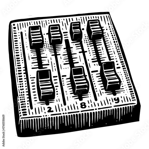 Vintage Audio Mixer Sound Board Device with Multiple Faders Black and White Outline Line Art Drawing