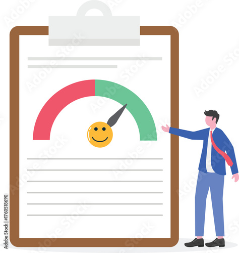 Businessman adjusting level indicator machine marked with happy emoticon illustration of market attention performance toward business product
