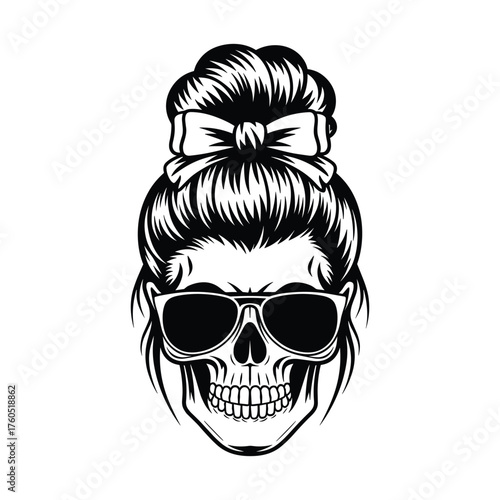 Stylish Skull with Sunglasses and Hair Bun Illustration