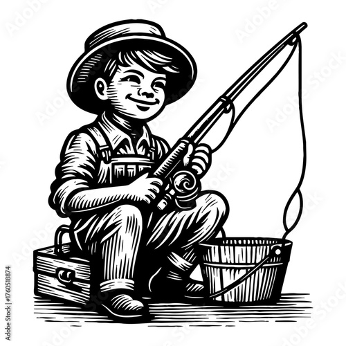 Smiling Young Boy Fisherman Holding Fishing Rod Sitting on Box with Bucket Black and White Outline Line Art Drawing