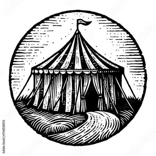 Vintage Circus Tent Big Top Outline Line Art Drawing inside a Circle Black and White Engraving Graphic