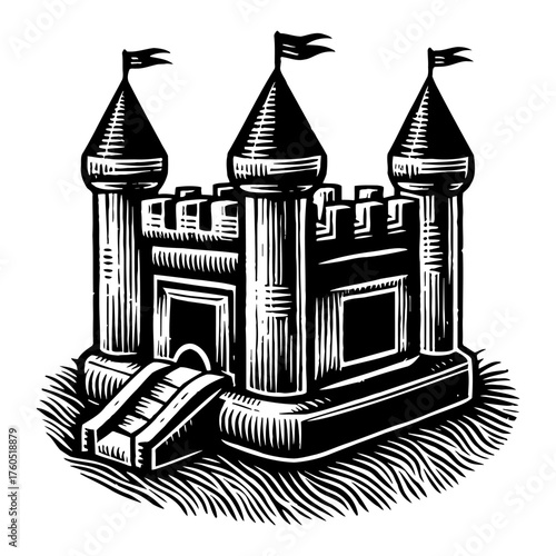 Castle with Three Towers and Flags Black and White Outline Line Art Drawing Medieval Engraving Style
