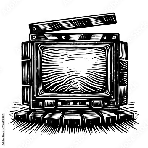 Classic Television Set and Film Clapperboard Black and White Outline Line Art Drawing Vector Illustration