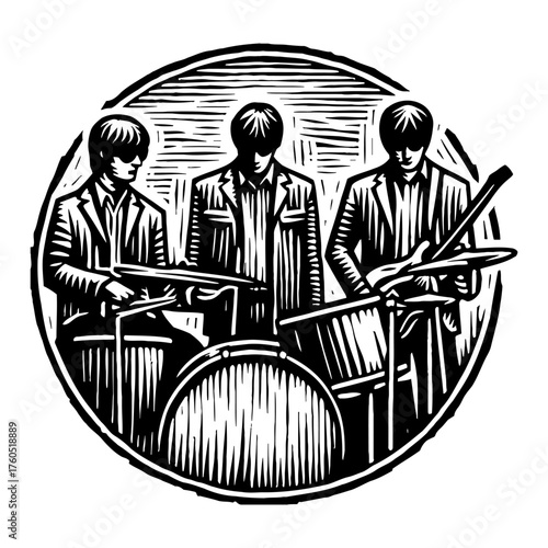 Three Musicians Band Playing Instruments in a Circular Frame Vintage Black and White Outline Line Art Drawing