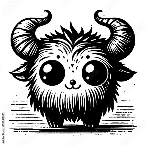 Cute Furry Monster Creature with Big Eyes and Horns Kawaii Style Black and White Outline Line Art Drawing