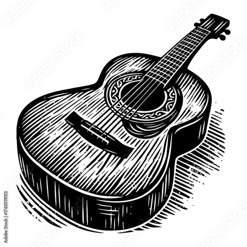 Acoustic Guitar Black and White Outline Line Art Drawing Vintage Woodcut Engraving Style Instrument