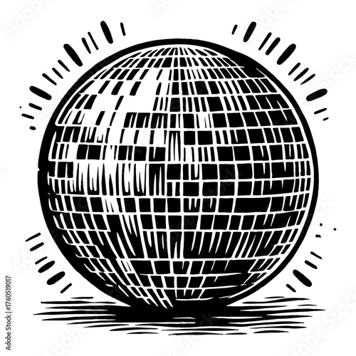Shiny Disco Ball Black and White Outline Line Art Drawing with Radiating Light Beams Vintage Style