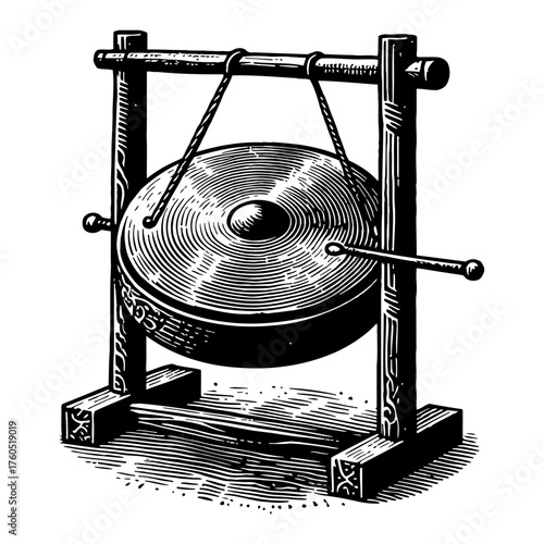 Traditional Gong with Mallet Suspended on Wooden Stand Black and White Outline Line Art Drawing Vintage Style