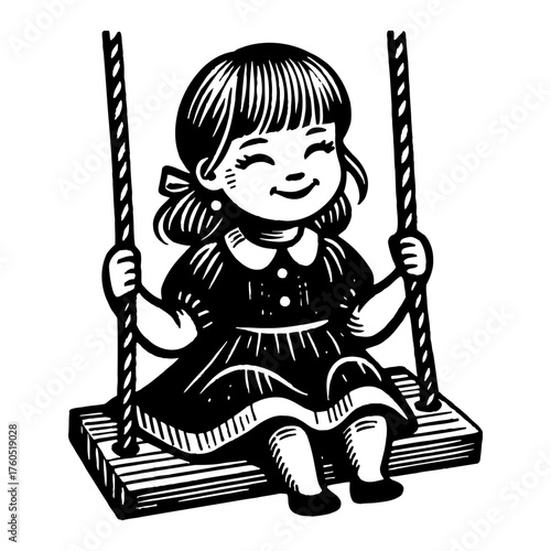 Happy Smiling Little Girl Sitting on a Swing Black and White Outline Line Art Drawing Vintage Illustration