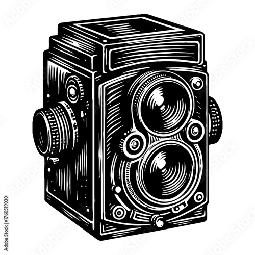 Classic Vintage Twin Lens Reflex Camera Black and White Outline Line Art Drawing Engraving Illustration Detail