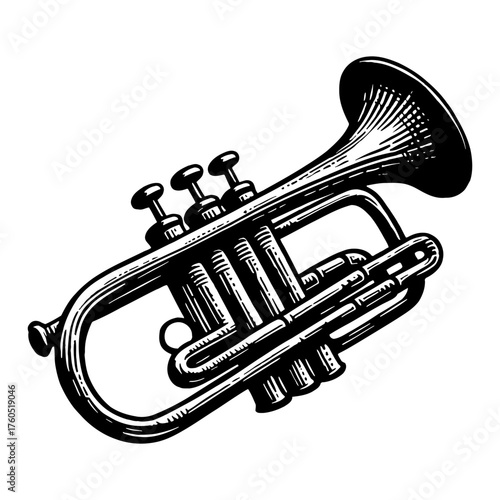 Detailed Vintage Engraving Style Trumpet Musical Instrument Black and White Outline Line Art Drawing