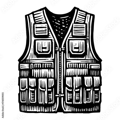 Fishing Utility Vest Full of Pockets Black and White Outline Line Art Drawing Vintage Engraved Look