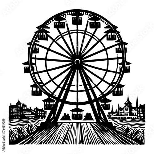 Large Ferris Wheel with City Buildings and Boardwalk in Vintage Black and White Outline Line Art Drawing