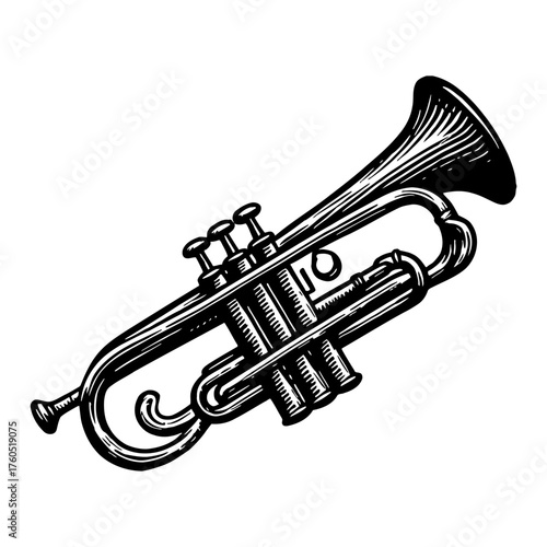 Vintage Brass Orchestra Musical Instrument Trumpet Black and White Outline Line Art Drawing Vector Icon