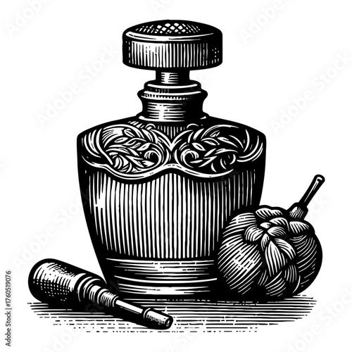 Ornate Vintage Decanter Bottle with Stopper and Atomizer Tool Black and White Outline Line Art Drawing