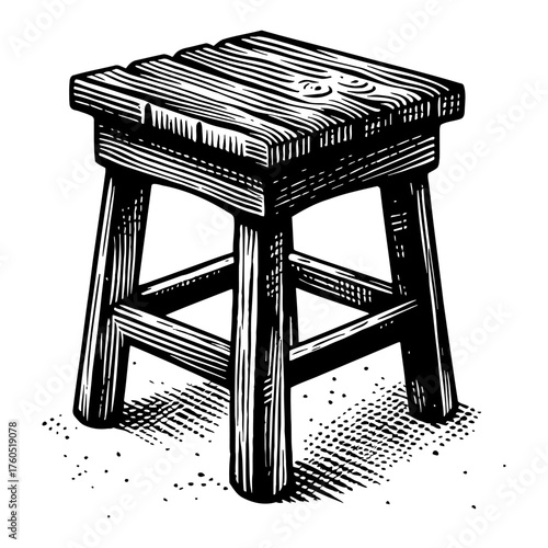 Rustic Distressed Old Wooden Stool Black and White Outline Line Art Drawing Vintage Engraving Style