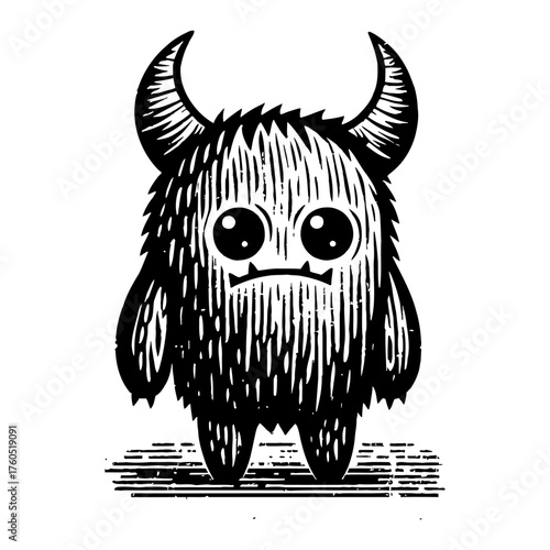Whimsical Grumpy Hairy Monster Character with Horns Big Eyes Cute Creature Black and White Outline Line Art Drawing