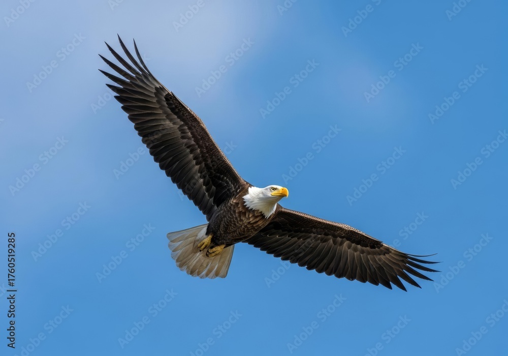 Naklejka premium A majestic American bald eagle soars gracefully with its wings spread wide against a clear blue sky.